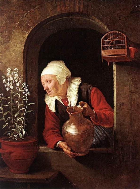 DOU, Gerrit Old Woman Watering Flowers sd oil painting picture